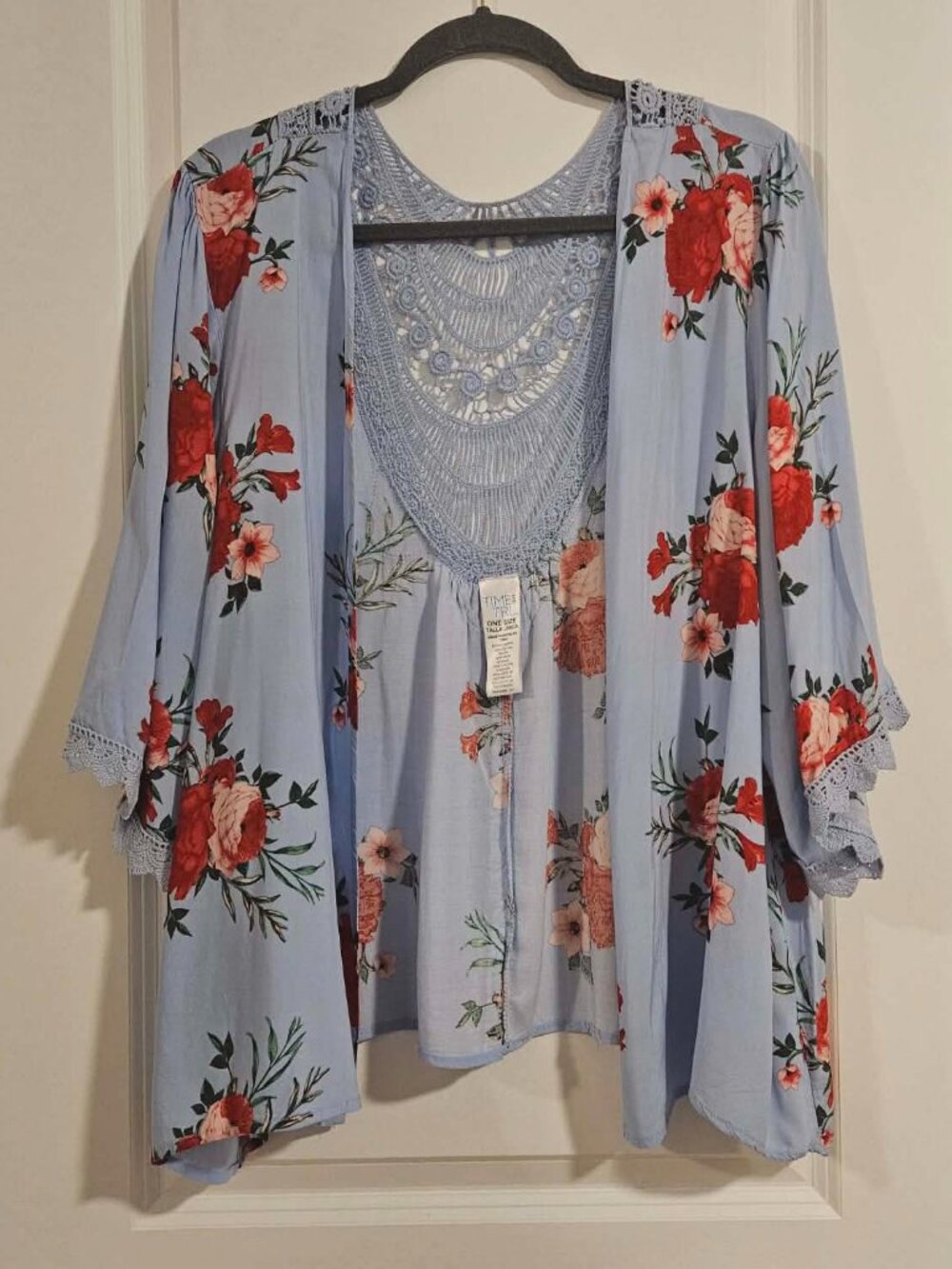 Time and Tru Blue Floral Crochet Kimono Cover Up One Size Boho Romantic